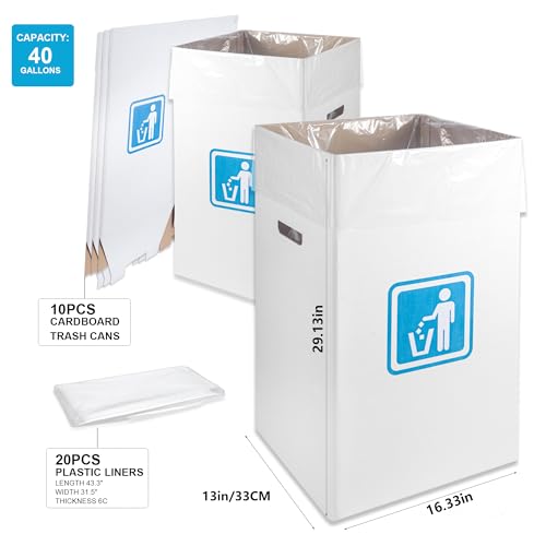 40-Gallon Cardboard Pop-Up Trash Cans Pack of 10 with Liners for Events & Parties