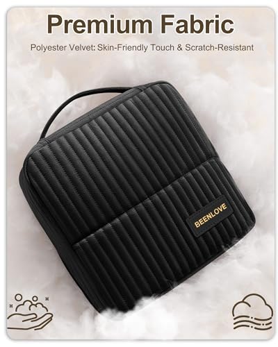 Black Standing Makeup Bag with Fold-Down Design - Velvet Cosmetic Organizer for Travel & Beauty