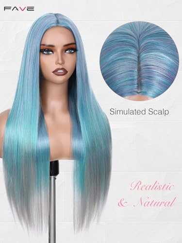 Rainbow Blue Teal Straight Wig for Women - Long Multi-Tonal Cosplay Hair