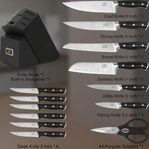 WANGMAZI Black Pro 15-Piece Kitchen Knife Block Set with High Carbon Steel