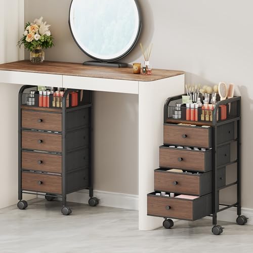 SWTYMIKI Rolling Makeup Organizer Cart - Floor Skincare Make Up Storage with 4 Non-woven Drawers, Vanity Organizer Cosmetic Display Cases Cabinet for Skin Care Perfume Nail Polish Brush Hair Tool