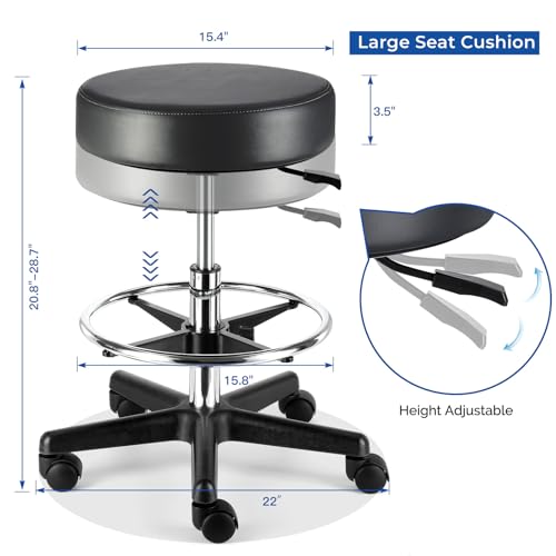 JMU Rolling Stool Heavy Duty 400lb with Footrest,PVC Leather Large Seat,Swivel Rolling Adjustable Height for Salon Spa Work Office Clinic Dentist Dentists Healthcare, Black