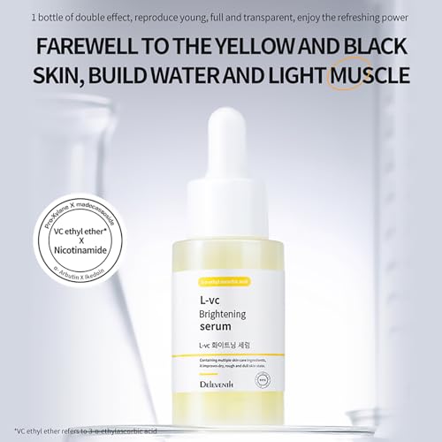 DEleventh Korean Brand Vitamin C Brightening Face Serum 37ml / with 3-O-Ethyl Ascorbic Acid, Niacinamide and ¥á-Arbutin, Reduce Dark Spots and Fine Lines, Enhance Elasticity, Hydrate, and Protect Skin