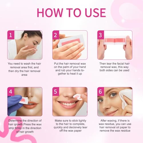 48 PCS Facial Wax Strips for Hair Removal on Face & Body | Gentle Rose Extract Formula for Sensitive Skin | At-Home Waxing Kit for Eyebrows, Upper Lip, Bikini, Brazilian with 6 Calming Oil Wipes