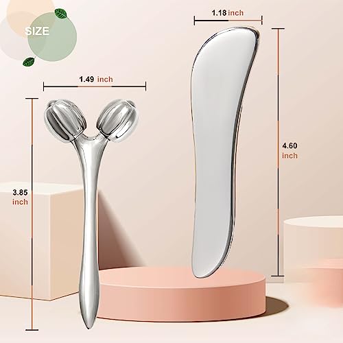 Face & Body Massager - Stainless Steel Guasha Set for Wrinkle Reduction, Chin Lift & Skin Tightening (Silver)