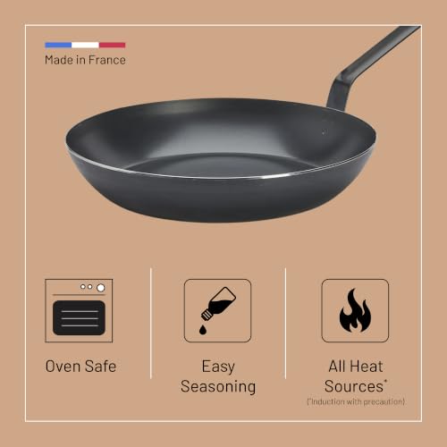 12.5-Inch Blue Carbon Steel Fry Pan - Oven Safe, Naturally Non-Stick, Made in France