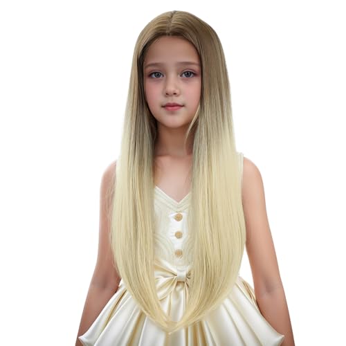 Edivd Girls Brown Ombre Blonde Long Straight Wig for Kids - Heat Resistant Synthetic Hair with Cap