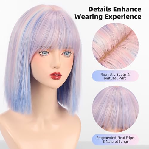 Rainbow Short Bob Wig with Bangs - Heat-Resistant Synthetic Hair for Women, 12 Inch for Daily, Party, Halloween Costume