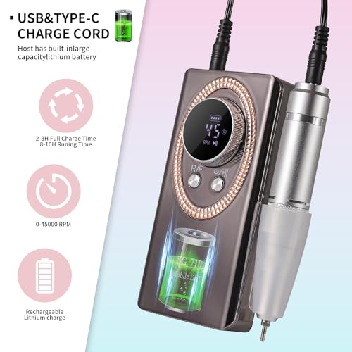 Electric Nail File for Acrylic Nail Kit 45000RPM Electric Black Nail Drill Professional Manicure Pedicure Set with Nail Drill Kit Bits Efile Cordless for Manicure