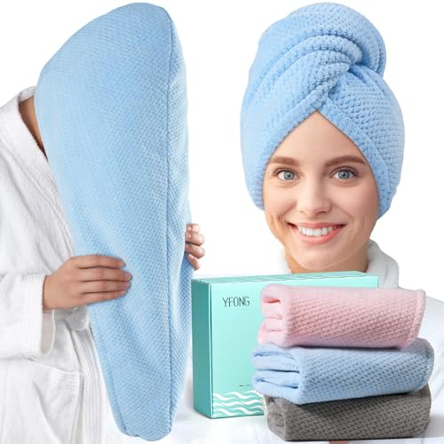YFONG 3 Pack Microfiber Hair Towels for Long Hair - 400 GSM Thick & Absorbent, Includes Grey, Pink, Blue