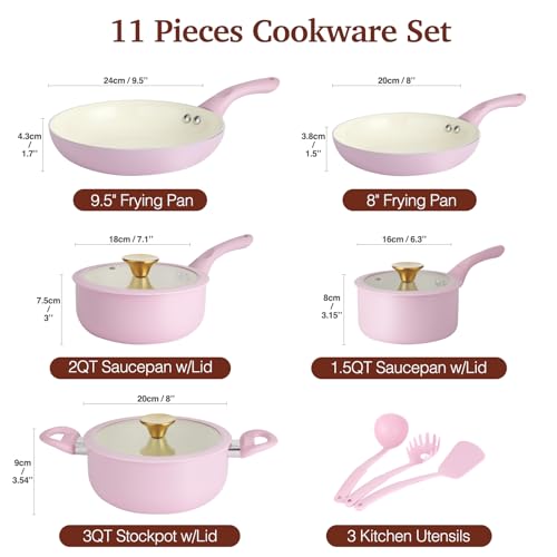 Pink Ceramic Non-Stick Pots and Pans Set - 11 Pieces, Compact Cookware