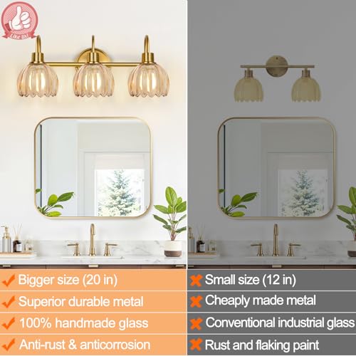 Meybiok Brushed Gold 3-Light Vanity Light with Amber Tulip Glass Shades – Bathroom Fixture