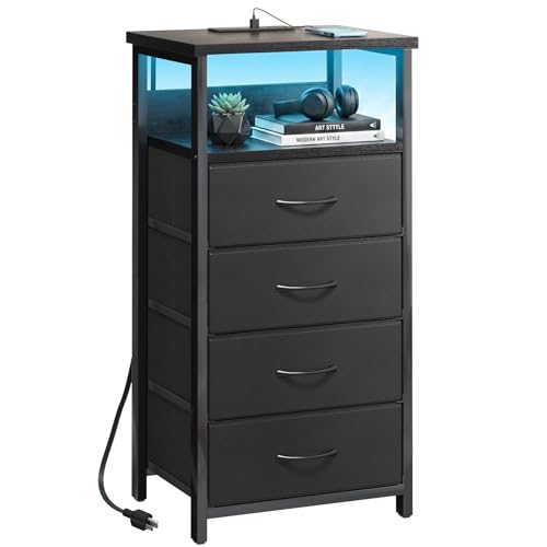 Fixwal Night Stand with Charging Station RGB LED Lights 4 Drawers - Black, 15.7"D x 11.8"W x 33.1"H