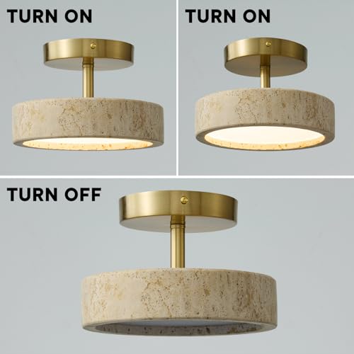 8-Inch Travertine Flush Mount Ceiling Light - Natural Stone & Gold Frame