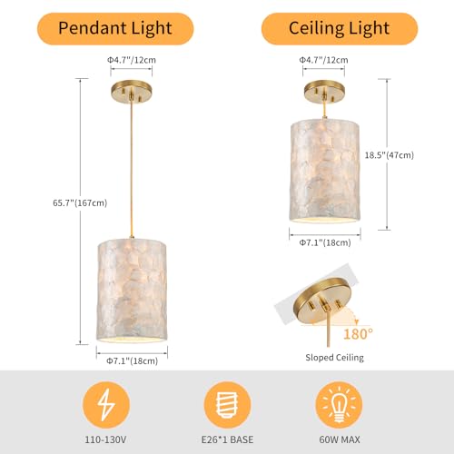 LumFurn D7in Gold Capiz Shell Chandelier - Adjustable Coastal Ceiling Light Fixture