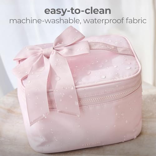 Pink Makeup Bag with Zipper & Bow - Travel Cosmetic Organizer
