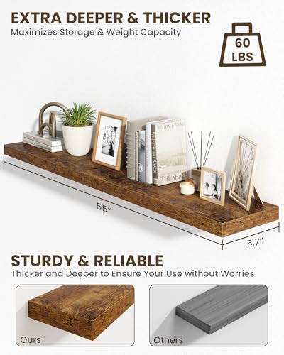 55-Inch Rustic Brown Floating Shelves Set of 2 Wall Mounted Wooden Shelves