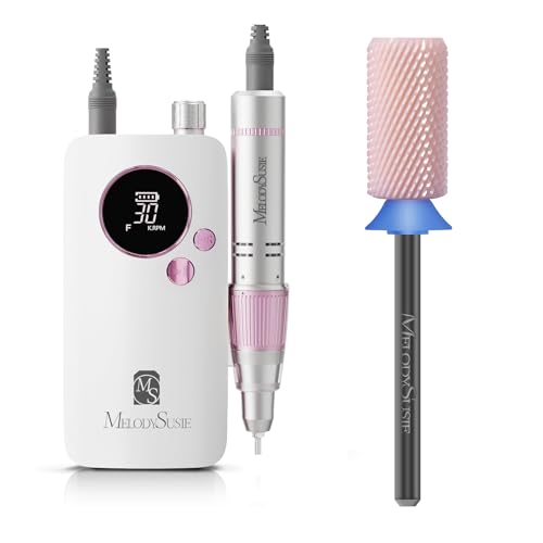MelodySusie Portable Nail Drill 30000 RPM with Ceramic Chamfer Flat Top Large Barrel Nail Drill Bits