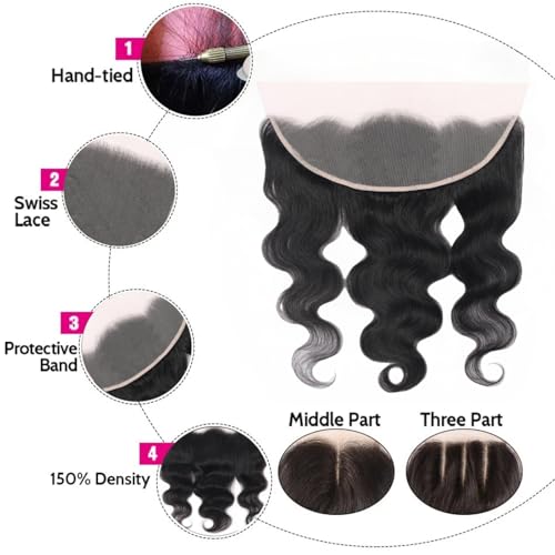 14 Inch Natural Black Lace Frontal Closure Body Wave Human Hair Extensions - Pre-Plucked HD Lace, Unprocessed Brazilian Virgin Hair