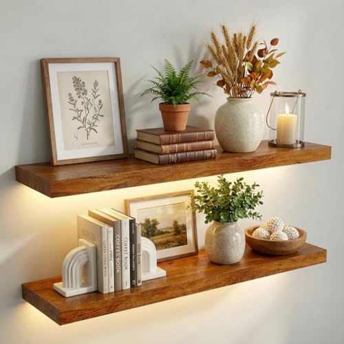 IAE 24 Inch Teak Floating Wall Shelves with LED Lighting, 2-Tier Bathroom & Kitchen Storage