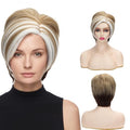 Short Blonde Brown Wavy Wig for Women - Layered Curly Costume Hair with Gold & White Mix Variation