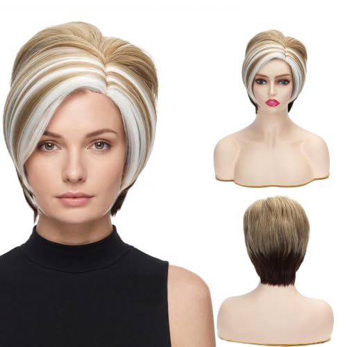 Short Blonde Brown Wavy Wig for Women - Layered Curly Costume Hair with Gold & White Mix Variation