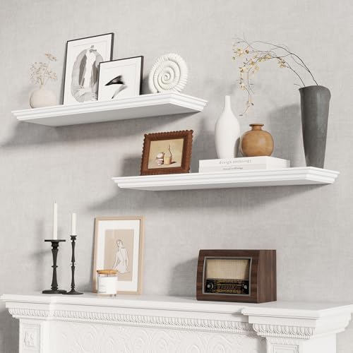 White 32-Inch Set of 2 Floating Shelves with Crown Molding - Rustic Wall Decor