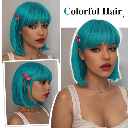 12 Inch Short Bob Wig with Bangs - Teal Blue & Bluish Green Heat-Resistant Synthetic Wig for Cosplay & Party