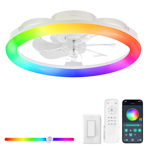 LEDIARY 20 Inch RGB Ceiling Fan with Lights & Remote - White Modern Flush Mount Fan with Dimmable & Reversible Features