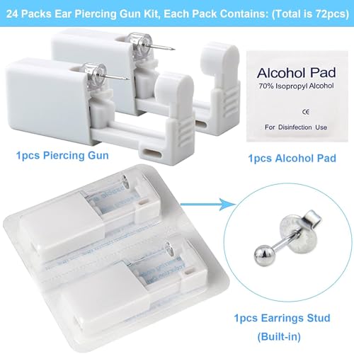 Disposable Ear Piercing Gun Kit - Judero 72Pcs Self Piercing & Earrings Set (203-24pack)