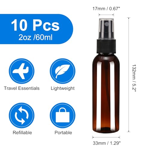 uxcell 10 Pack Spray Bottles, 2Oz/60ML Reusable Clear Empty Mist Plastic Mini Travel Bottle Set,Small Refillable Liquid Containers for Household Use, Essential Oil, Cleaning (Brown Black)