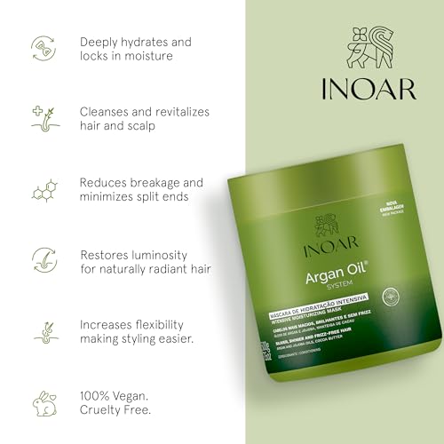 INOAR Argan Oil Hair Mask Hidratante Deep Moisture & Repair Treatment, 17.64 Fl Oz