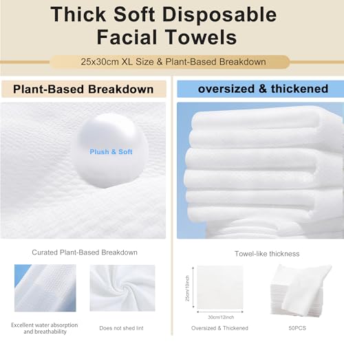 Face Towels, XL Facial Dry Towels 10x12 Inch, Biodegradable Disposable Face Wipes for Makeup Remover, Skincare & Face Cleansing, Lint-Free, 200 Count