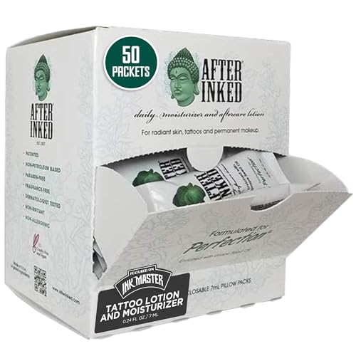 After Inked Tattoo Aftercare Lotion 7ml Pack of 50 with Resealable Pack - Vegan, Cruelty-Free Moisturizer for Skin Hydration & Vibrant Ink