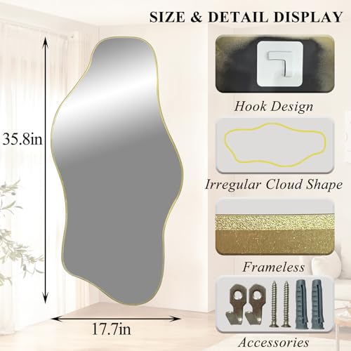 Gold Irregular Frameless Wall Mirror 35.8x17.7 Inches - Asymmetrical Decorative Mirror