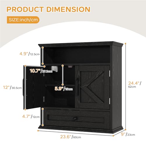 Viroformo Black Farmhouse Wall Cabinet with Barn Doors & Adjustable Shelves
