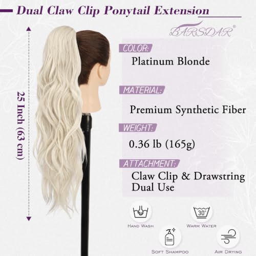 BARSDAR 25 Inch Platinum Blonde Synthetic Ponytail with Claw Clip & Drawstring - Soft Wavy Hair Extension