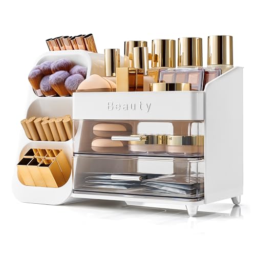 Makeup Organizer for Vanity with Brush Holder, Countertop Makeup organizer with Drawers for Skincare, Cosmetics, Perfumes, Eyeshadow Palettes, Spacious Cosmetic storage organizer