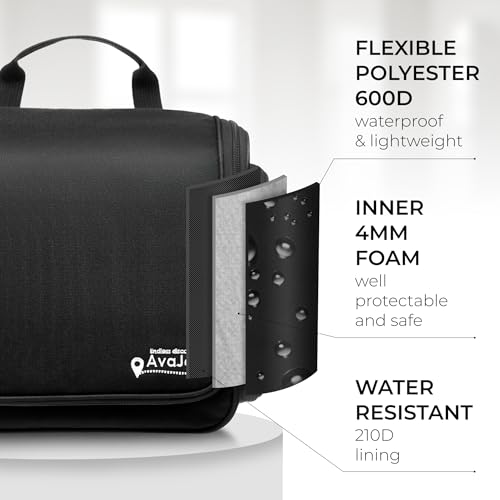 AvaJex Large Waterproof Travel Toiletry Bag Black - 15 Compartments, Hanging Organizer