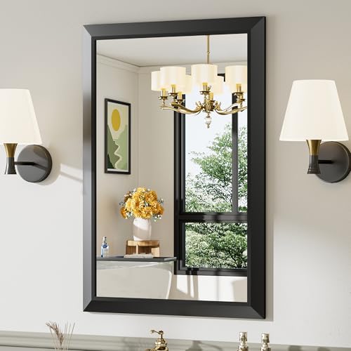 Black Metal Framed Bathroom Wall Mirror 24x36 Inch - Modern Vanity Mirror with Beveled Glass