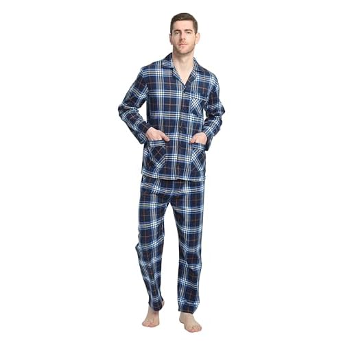 GLOBAL Men's Pajamas Sets 100% Cotton Flannel Sleepwear Long-Sleeve top & Bottom