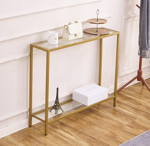 MAJARO Gold Double-Layer Modern Console Table with Tempered Glass for Entryway & Living Room
