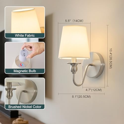 Nuanshued Nickel Battery-Operated Wall Sconces (2 Pack) with 1000mAh Dimmable LED Bulbs, Remote, 15 Colors
