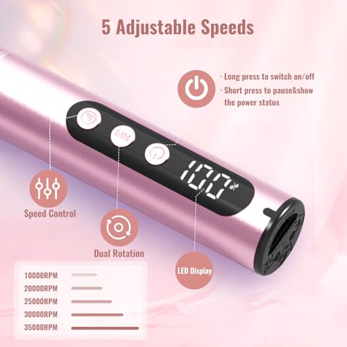Cordless Electric Nail Drill File: 35000RPM Professional Nail Drill Machine with UV LED Nail Lamp Charging Base, Manicure Pedicure Kit E File for Acrylic Gel Dip Powder Polish Pink