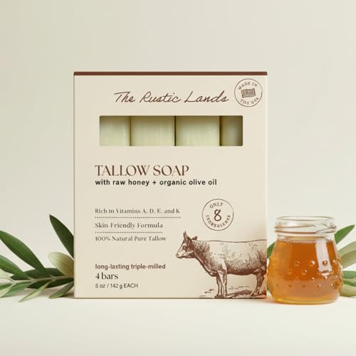 THE RUSTIC LANDS Natural Tallow Soap Bars Set of 4 - Grass Fed Beef Tallow with Raw Honey & Olive Oil - Made in the USA Soap for Sensitive Skin, Moisturizing Bath & Body, 5oz Each