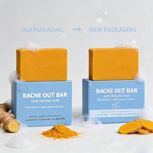 Bacne Out Bar, Acne Healing Soap with Turmeric Vitamin C & Alphaarbutin, Natural Exfoliating Cleanser for Back, Face, Chest, Shoulders (1)