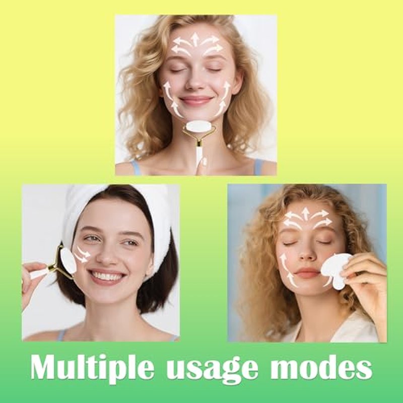 Jade Roller Gua Sha Tools - Nature Gua Sha Facial Tool Skin Tightening Face Massager Anti-Aging Jade Face Roller Puffiness Reducing Guasha Stone for Women Men (White)