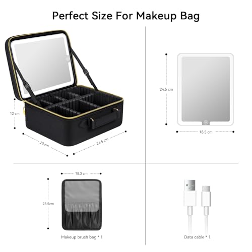 Large Travel Makeup Bag with LED Mirror - Waterproof Organizer with Adjustable Dividers - Black