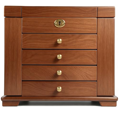 Wood Jewelry Box Organizer with Lockable Drawers & Mirror - 5 Compartments
