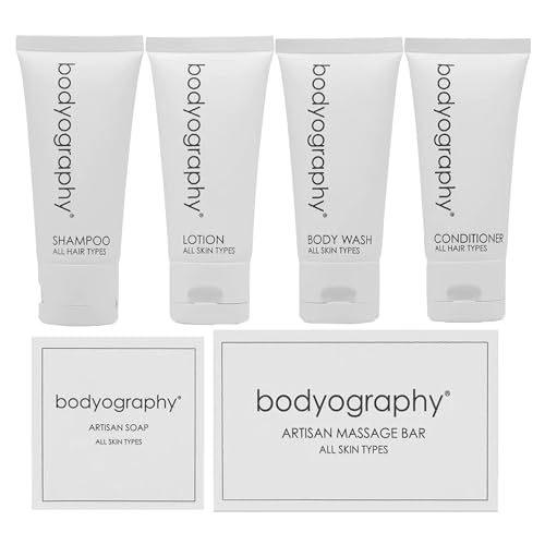World Amenities - Bodyography Blanc Mini Travel Size Toiletries Bathroom Kit | Vanilla White Tea| Shampoo, Conditioner, Body Wash, Lotion, Artisan Soap and Massage Bar